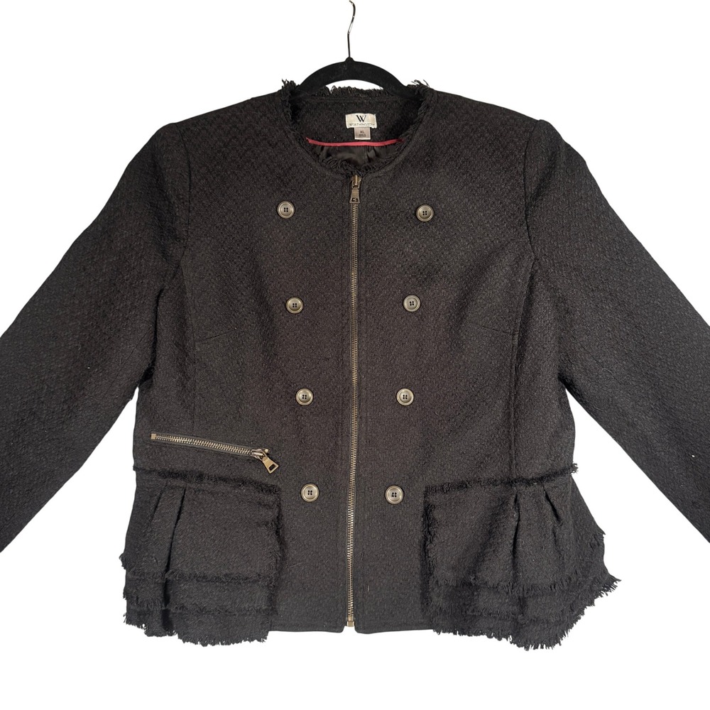 Worthington Textured Peplum Jacket XL Women Black Fringe Double Breasted Zip